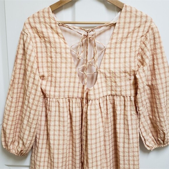 Petal & Pup Dress Womens Size 2 Peach Plaid Lace Up Puff Sleeve Cottage Prairie - Picture 4 of 11